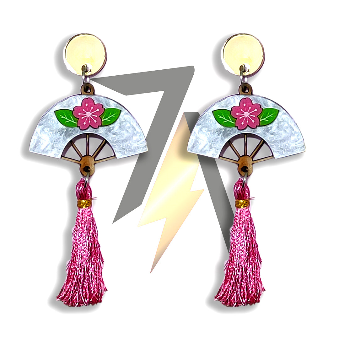 Chinese Fan Acrylic Dangle Sterling Silver Earrings