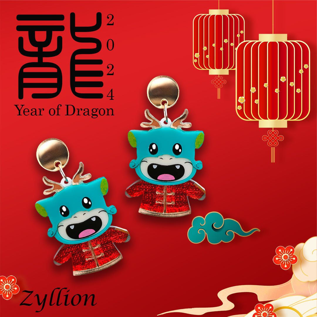 CNY Happy Dragon Acrylic Dangle Sterling Silver Earrings