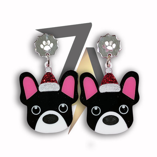 French Bull Dog with Santa Hat Dangle Sterling Silver Earrings