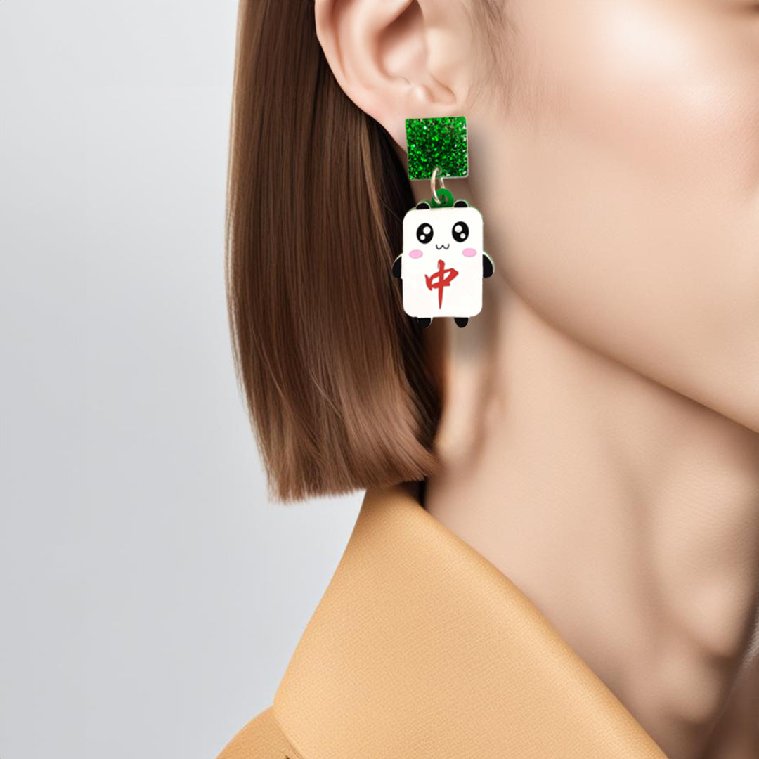 Mini Mahjong Acrylic Dangle Sterling Silver Earrings