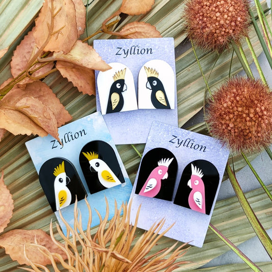 Cockatoo in frame studs Sterling Silver Earrings