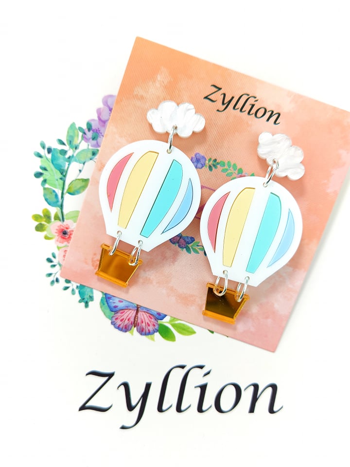 Hot air balloon Acrylic Dangle Sterling Silver Earrings