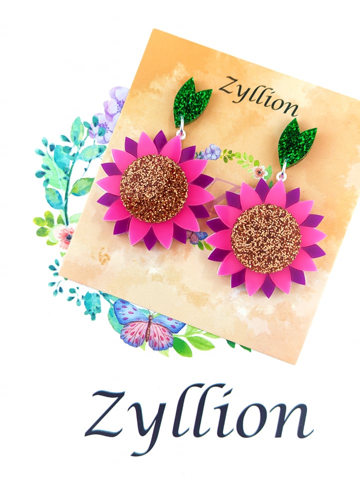 Sunflower dangle Sterling Silver Earrings