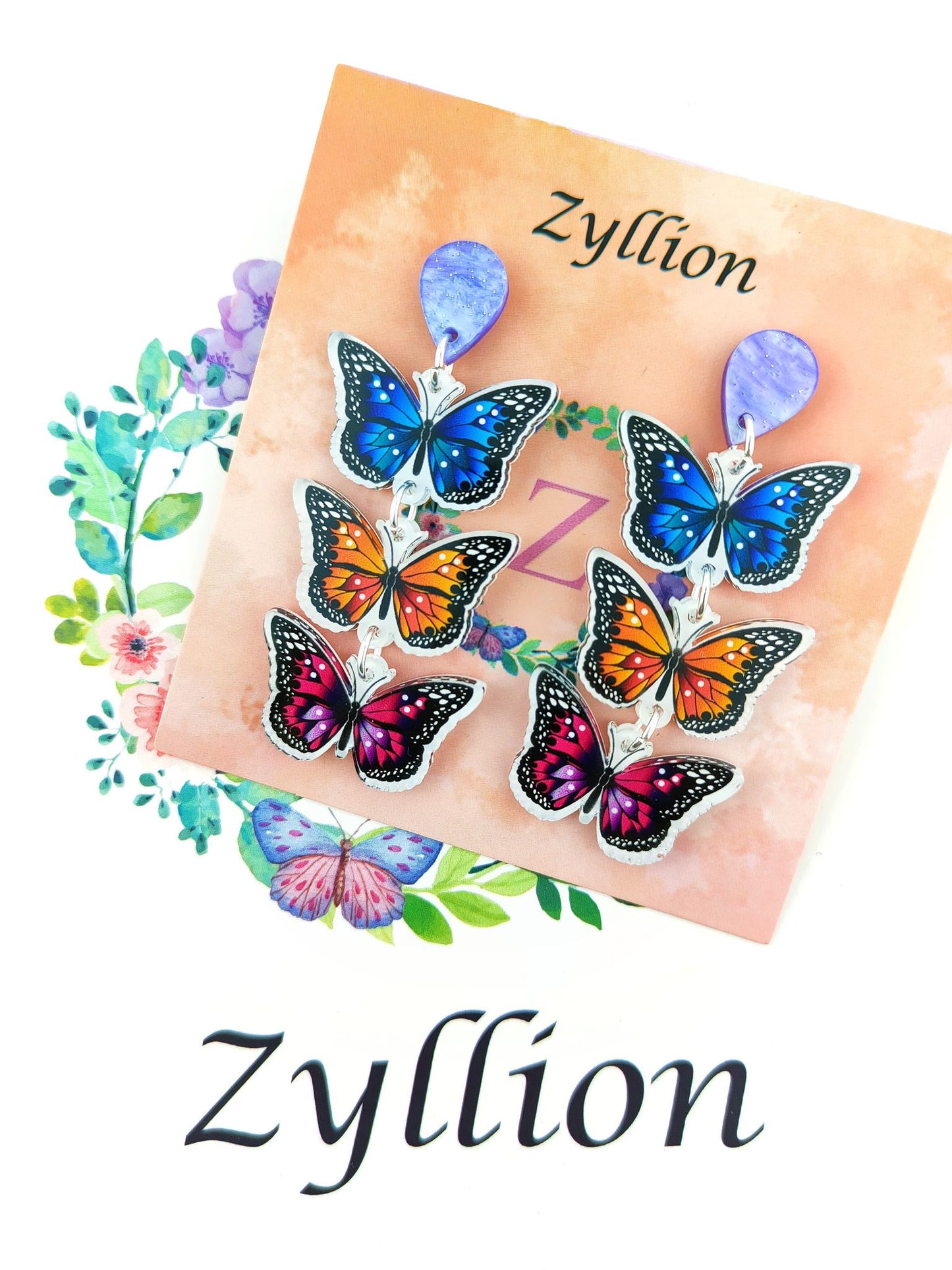 Chain of Butterfly Light Weight Acrylic Dangle Sterling Silver Earrings