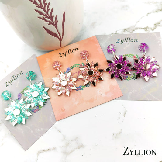 Layered Flower Dangle Sterling Silver Earrings