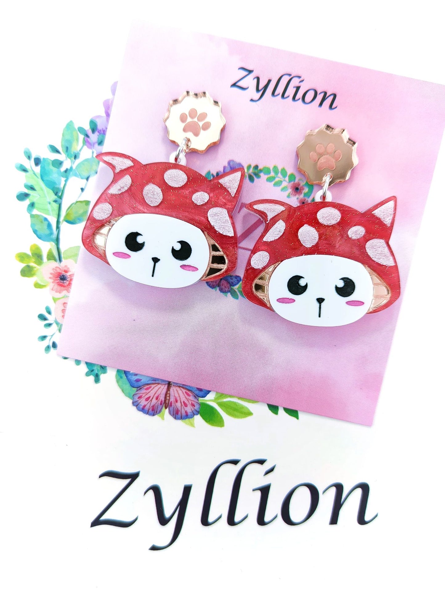 Cat with the Mushroom Hat acrylic Dangle Sterling Silver Earrings