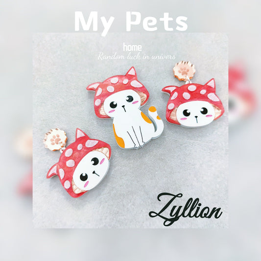 Cat with the Mushroom Hat acrylic Dangle Sterling Silver Earrings