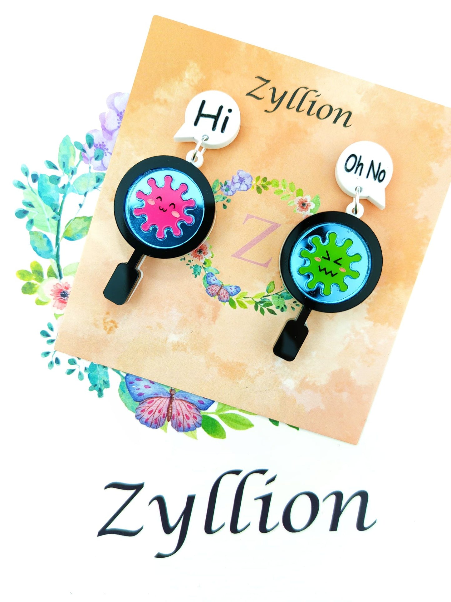 Petri dish with magnifying glass Asymmetric Dangle Sterling Silver Earrings