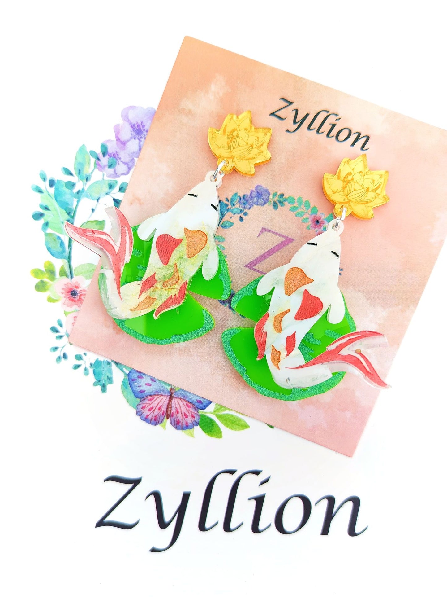 3D koi fish Acrylic Dangle Sterling Silver Earrings