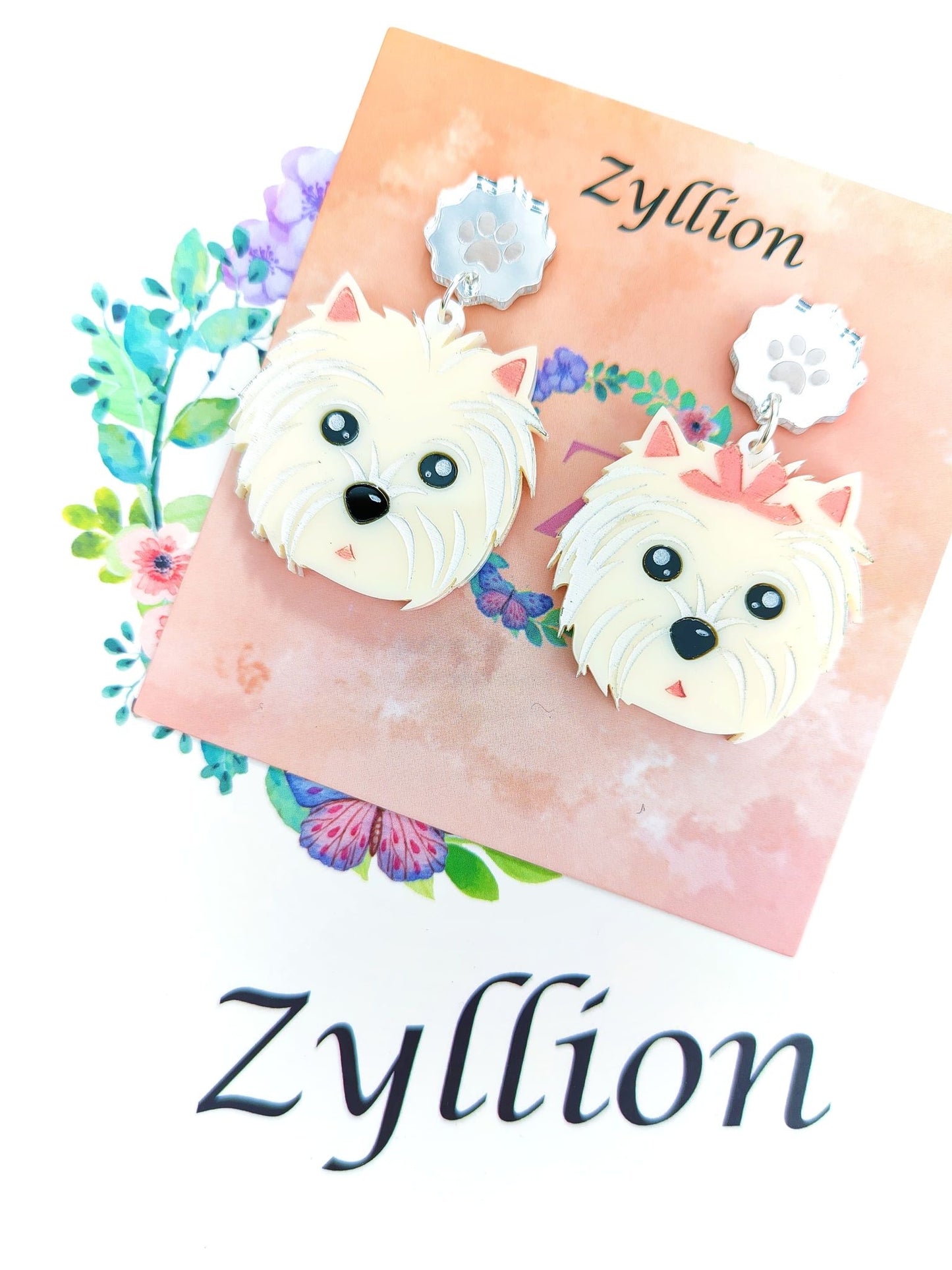 Maltese Dog Dangle Sterling Silver Earrings