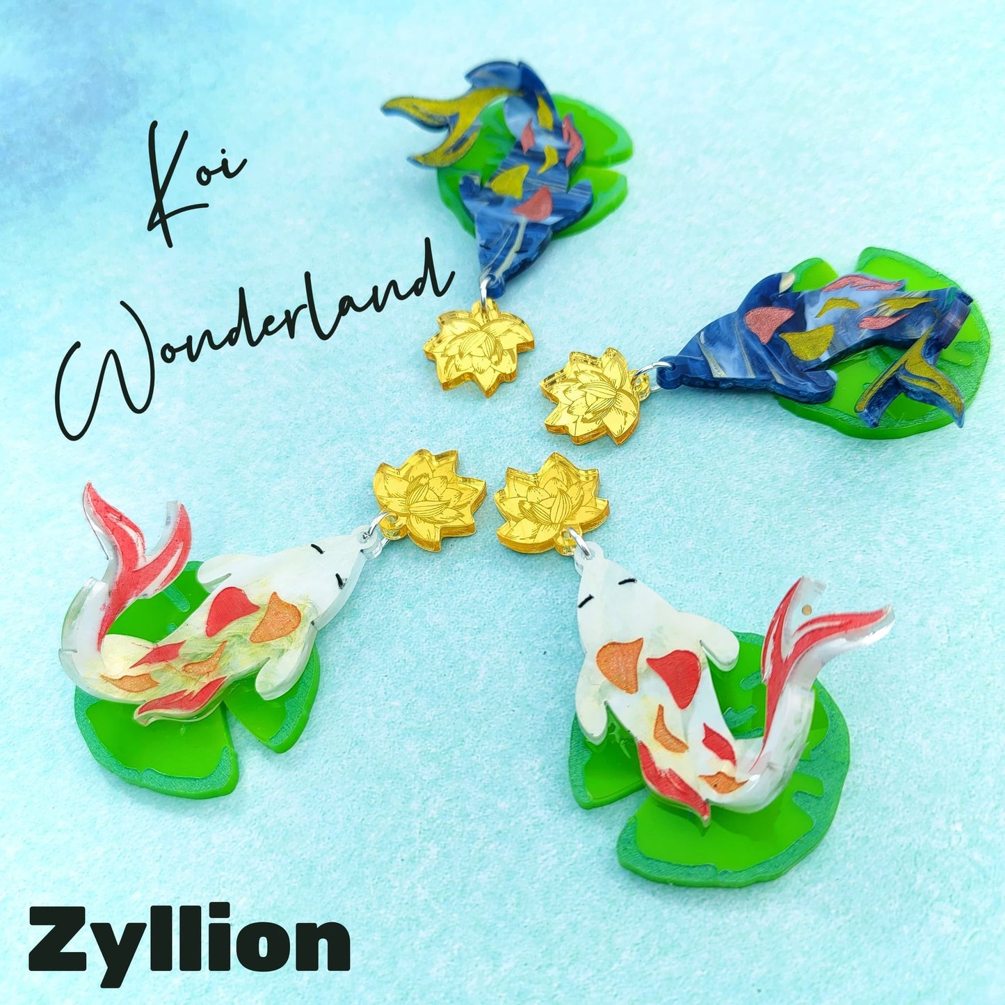 3D koi fish Acrylic Dangle Sterling Silver Earrings