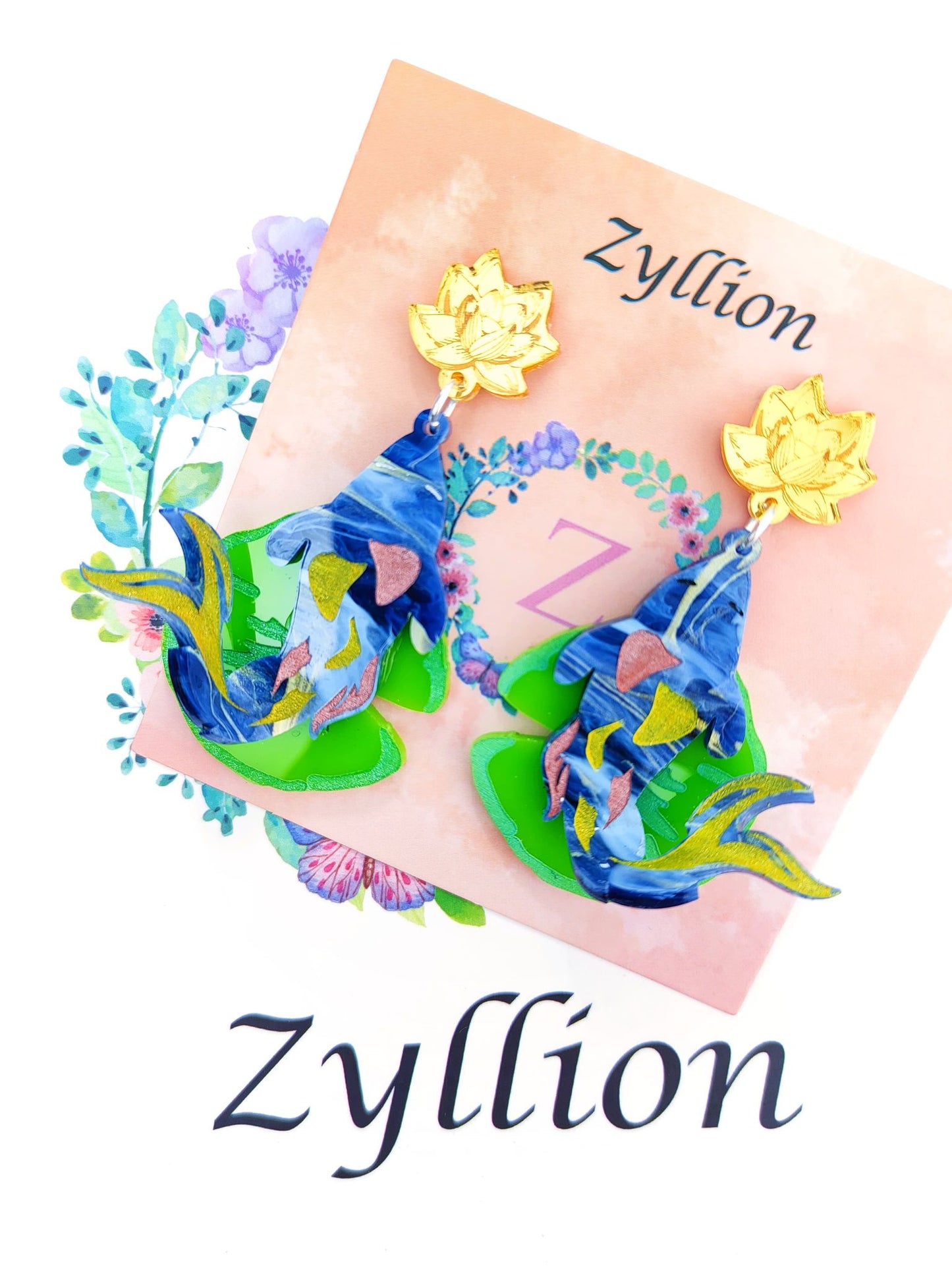 3D koi fish Acrylic Dangle Sterling Silver Earrings