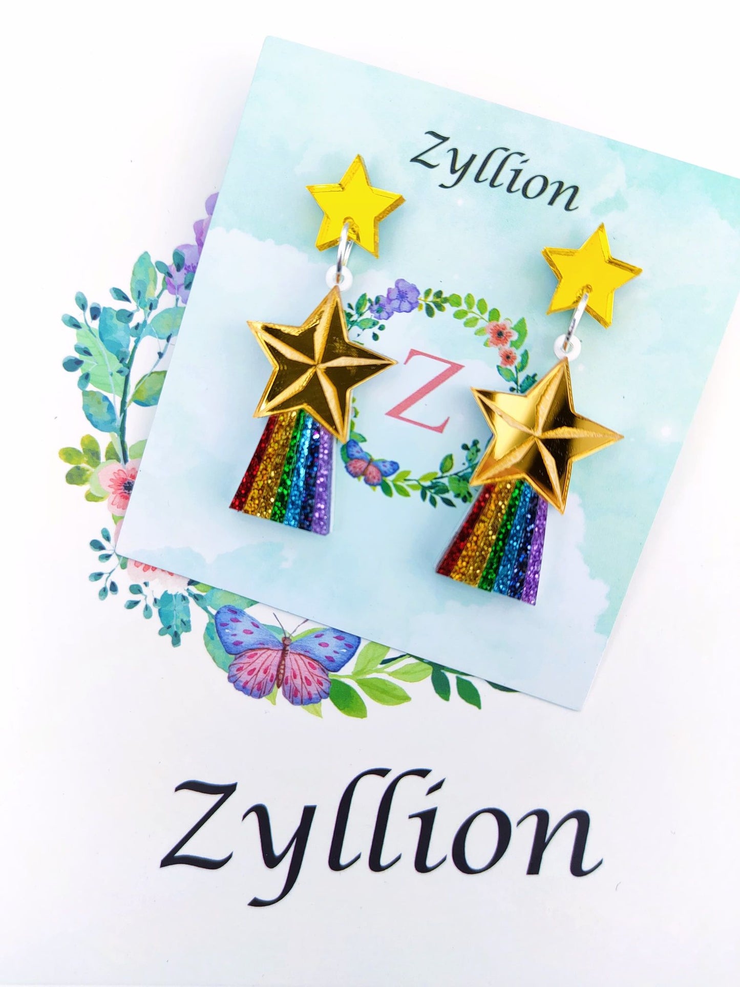 Shooting Star with rainbow tail Acrylic Dangle Sterling Silver Earrings