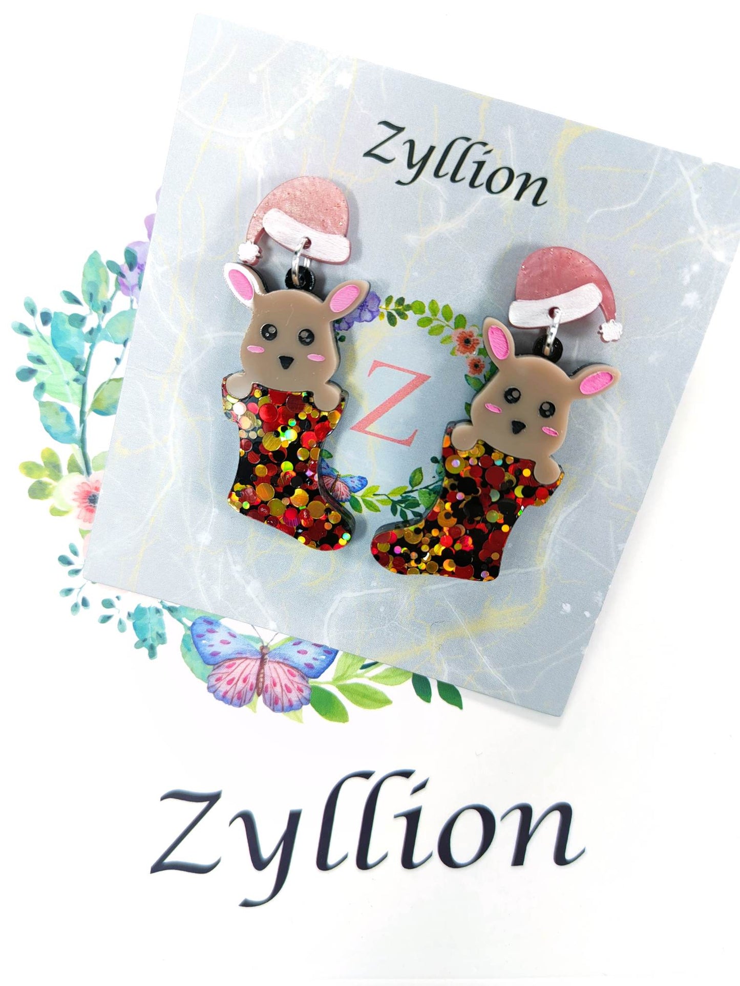 Joey in Christmas Socks acrylic Dangle Sterling Silver Earrings