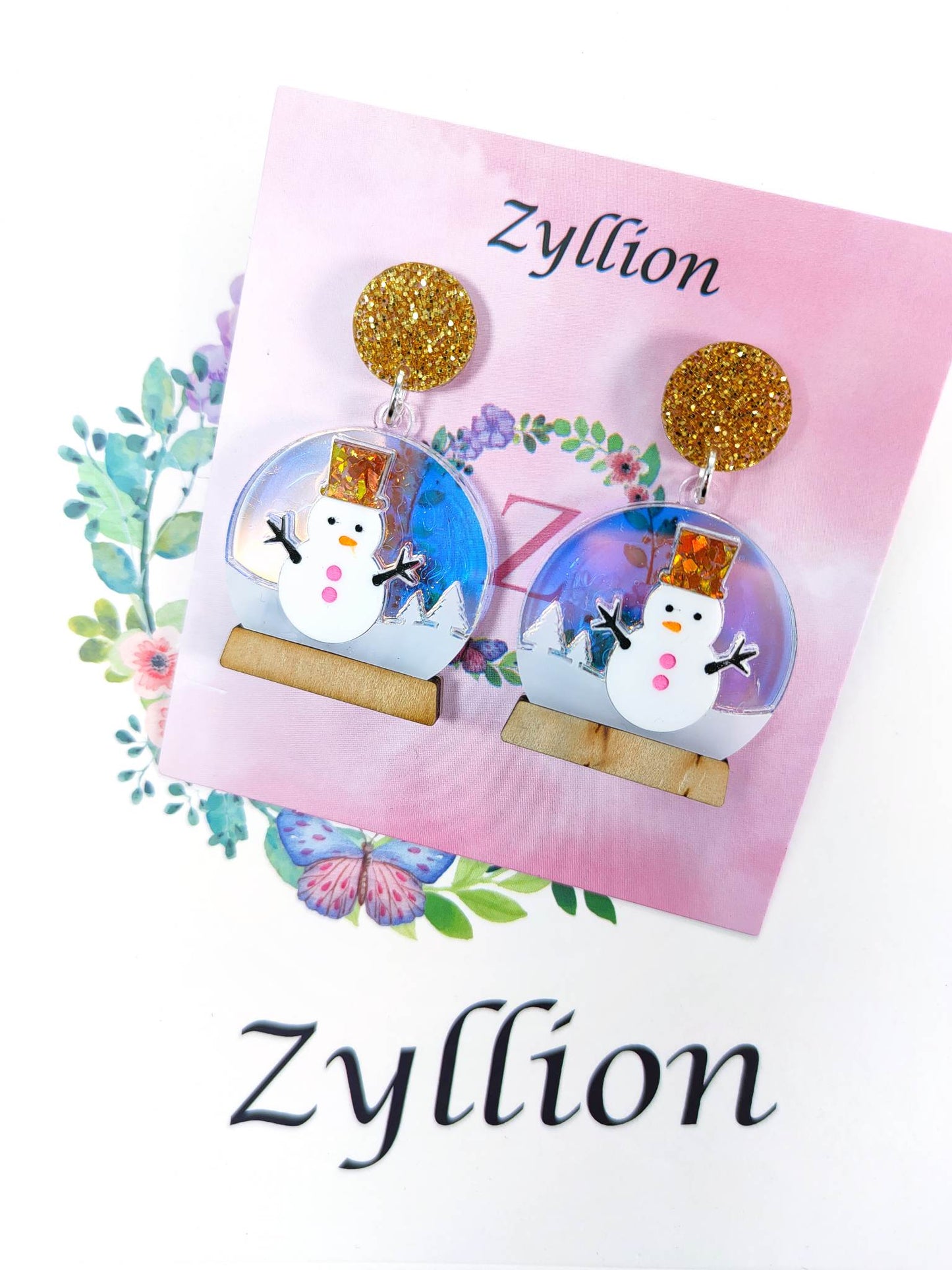 Christmas snowman in a crystal ball dangle Sterling Silver Earrings