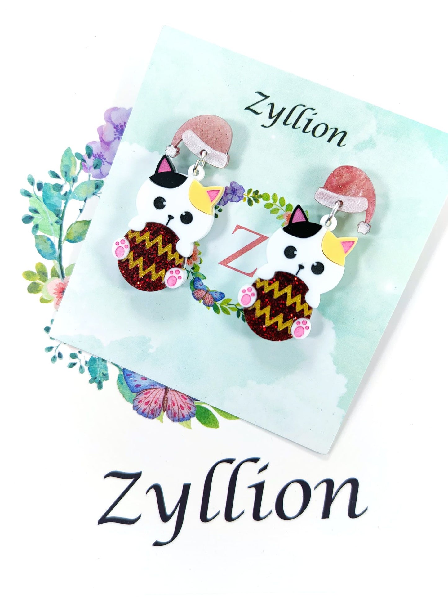 Cat hugging a Christmas bauble acrylic Dangle Sterling Silver Earrings