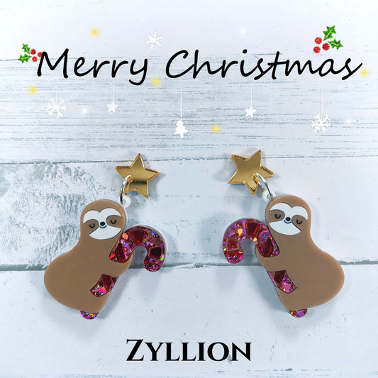 Sloth hugging Christmas candy cane acrylic Dangle Sterling Silver Earrings