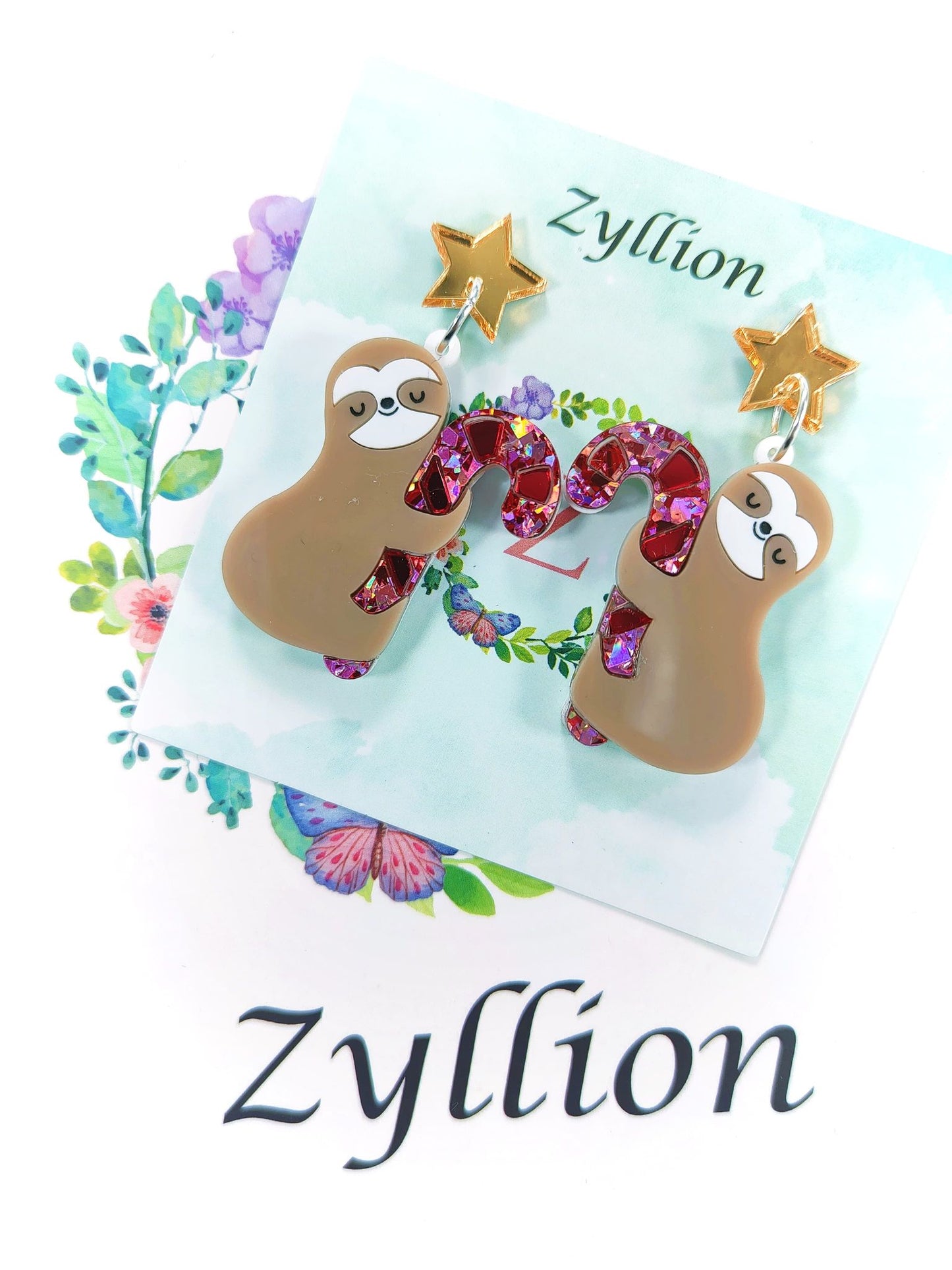 Sloth hugging Christmas candy cane acrylic Dangle Sterling Silver Earrings