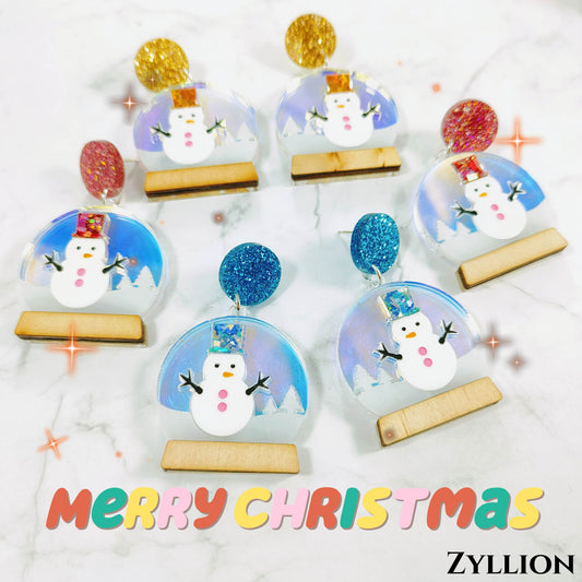 Christmas snowman in a crystal ball dangle Sterling Silver Earrings