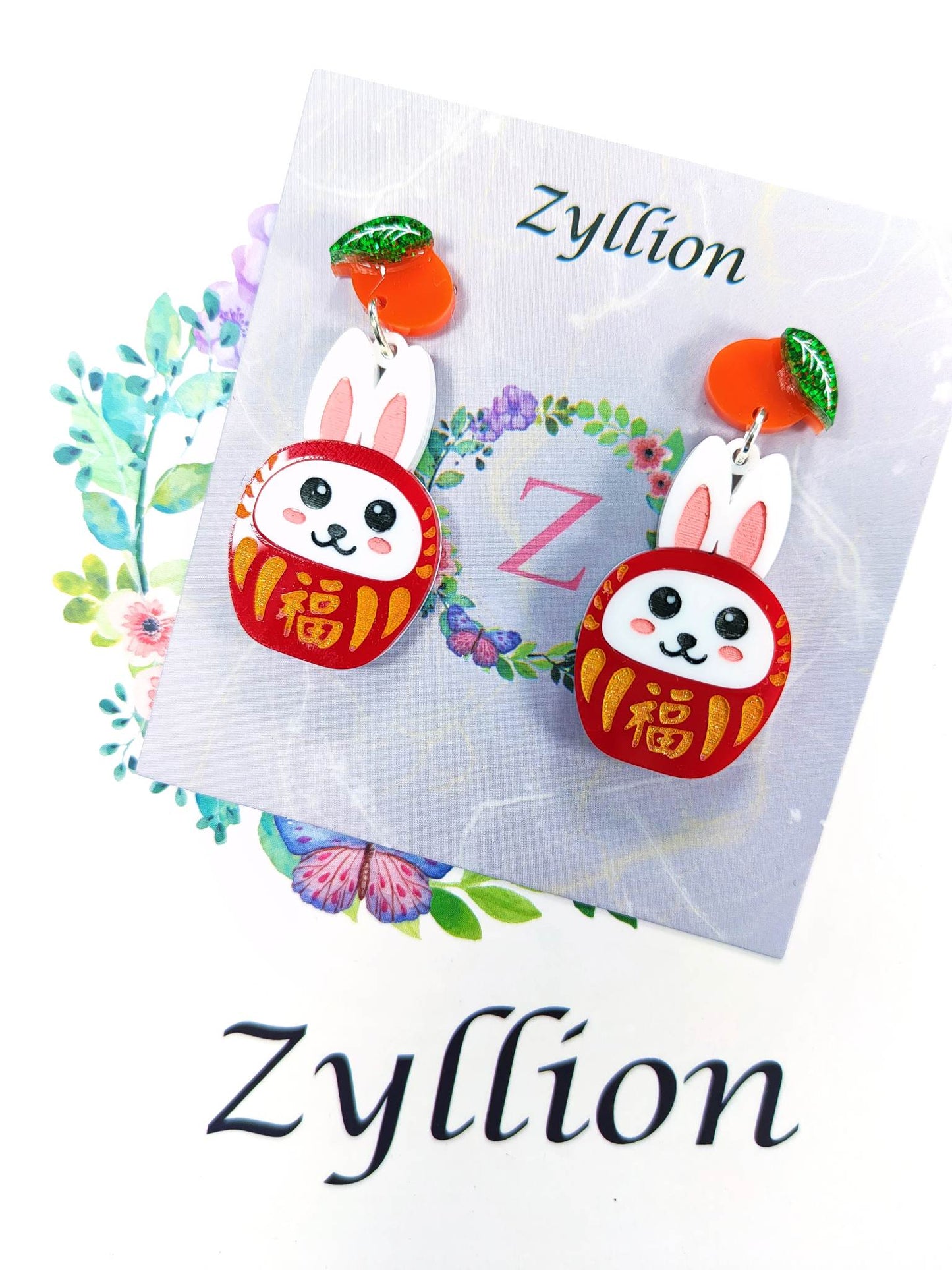 Year of Rabbit acrylic Dangle Sterling Silver Earrings