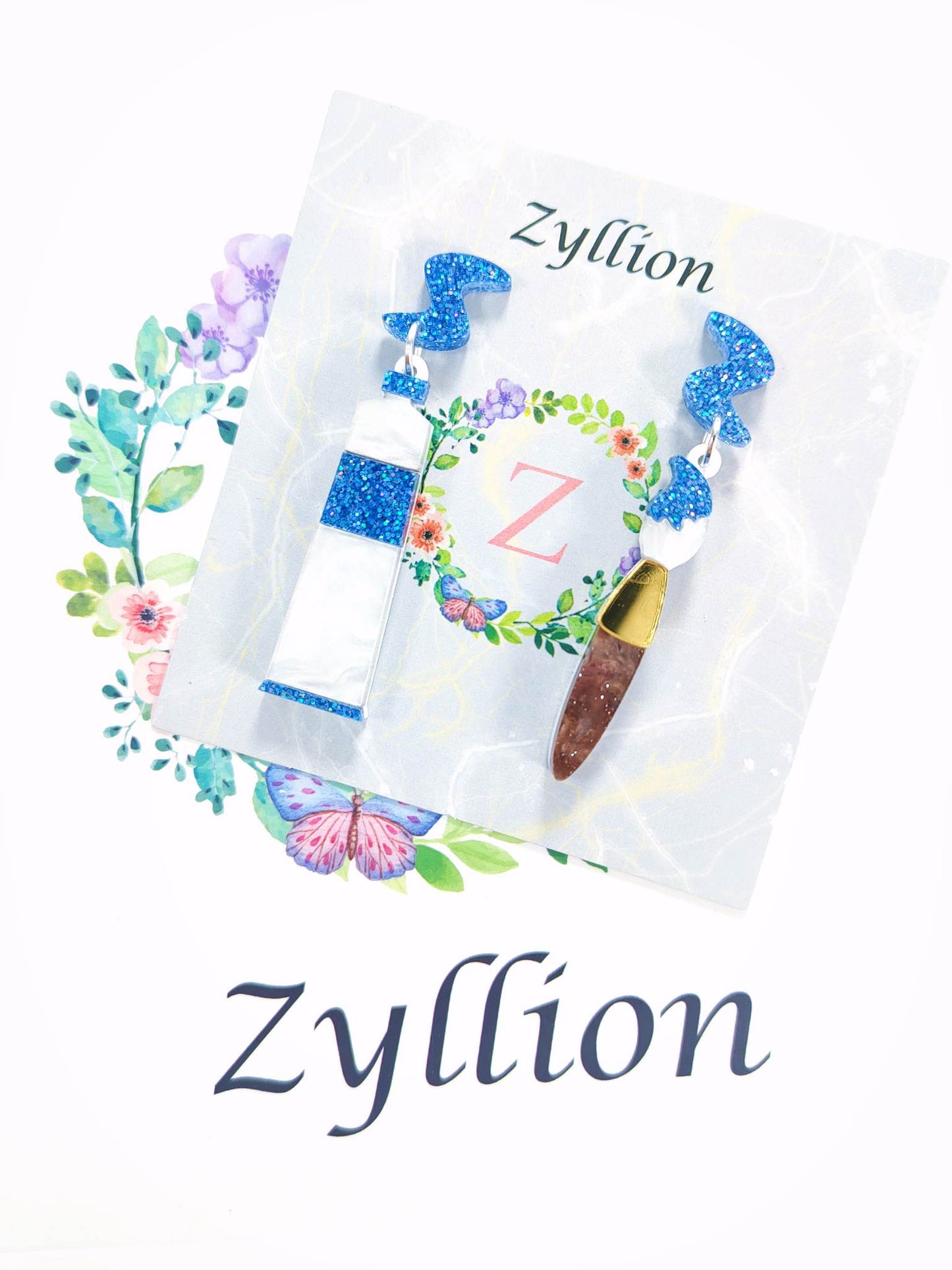 Art Paint and Brushes acrylic Dangle Sterling Silver Earrings