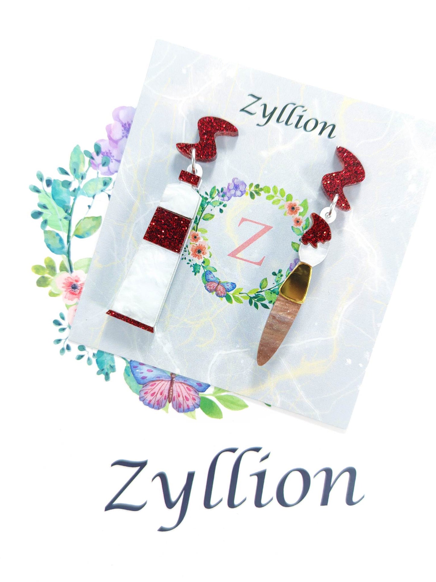 Art Paint and Brushes acrylic Dangle Sterling Silver Earrings