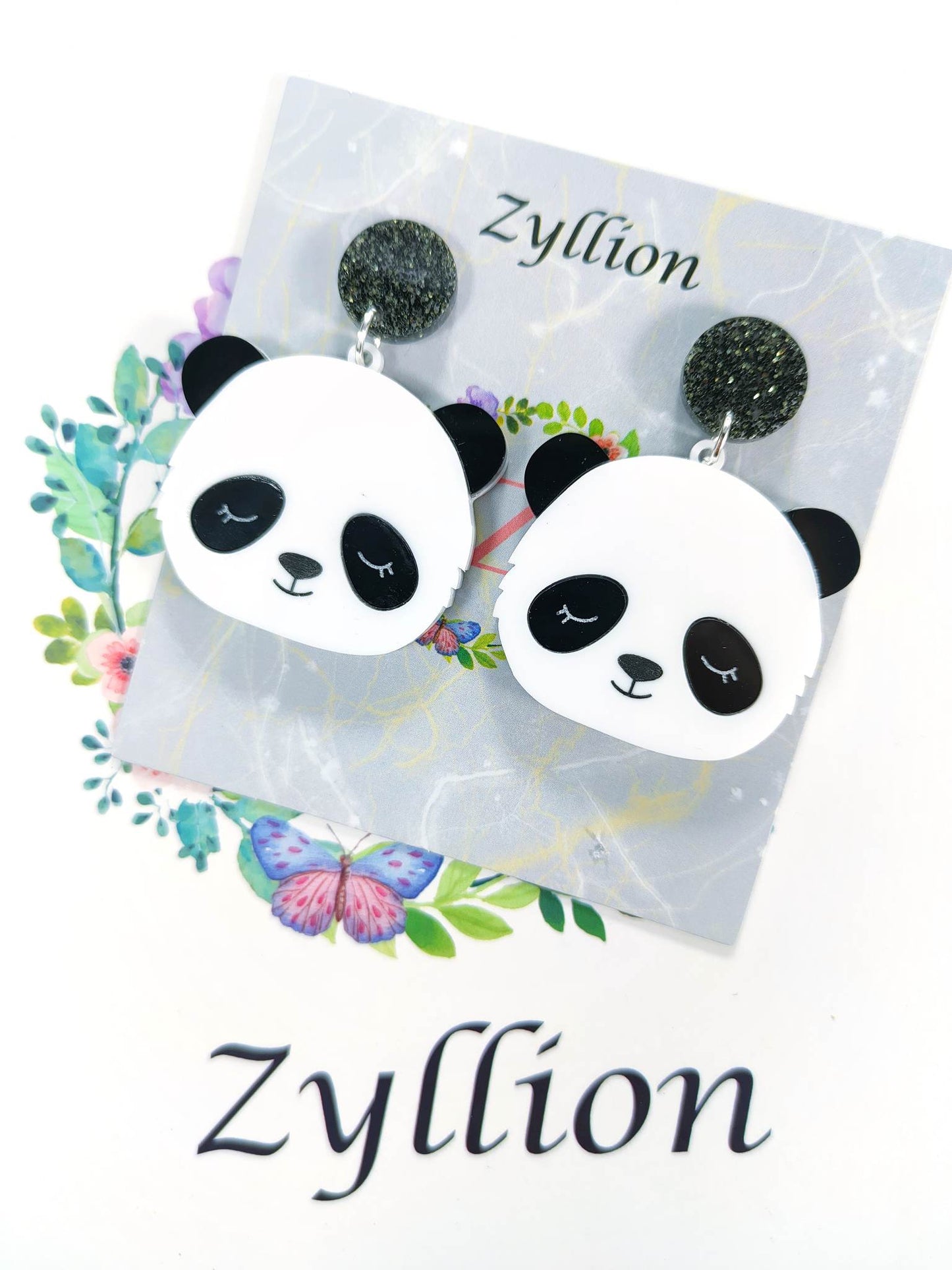 Panda head acrylic Dangle Sterling Silver Earrings