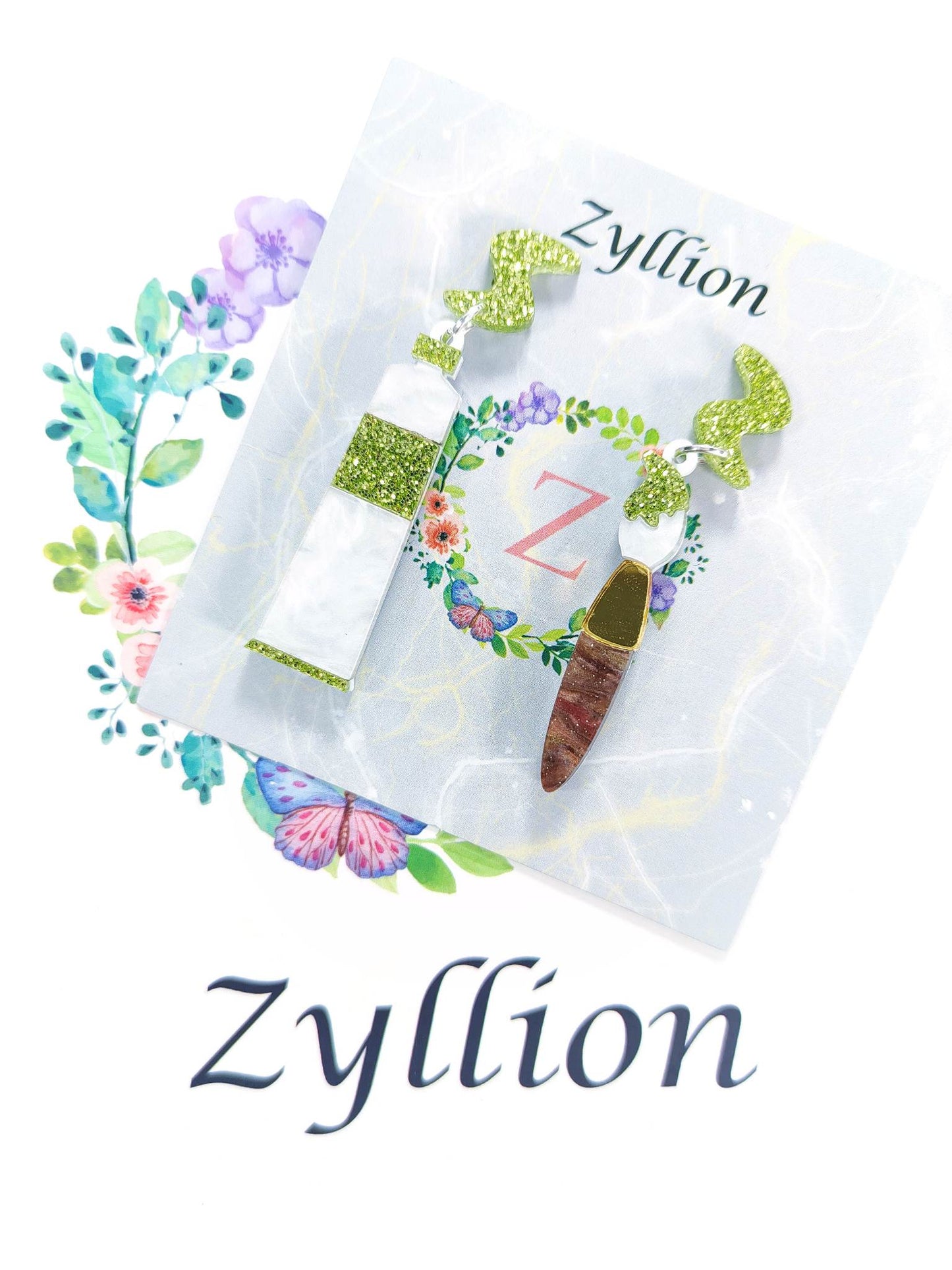 Art Paint and Brushes acrylic Dangle Sterling Silver Earrings