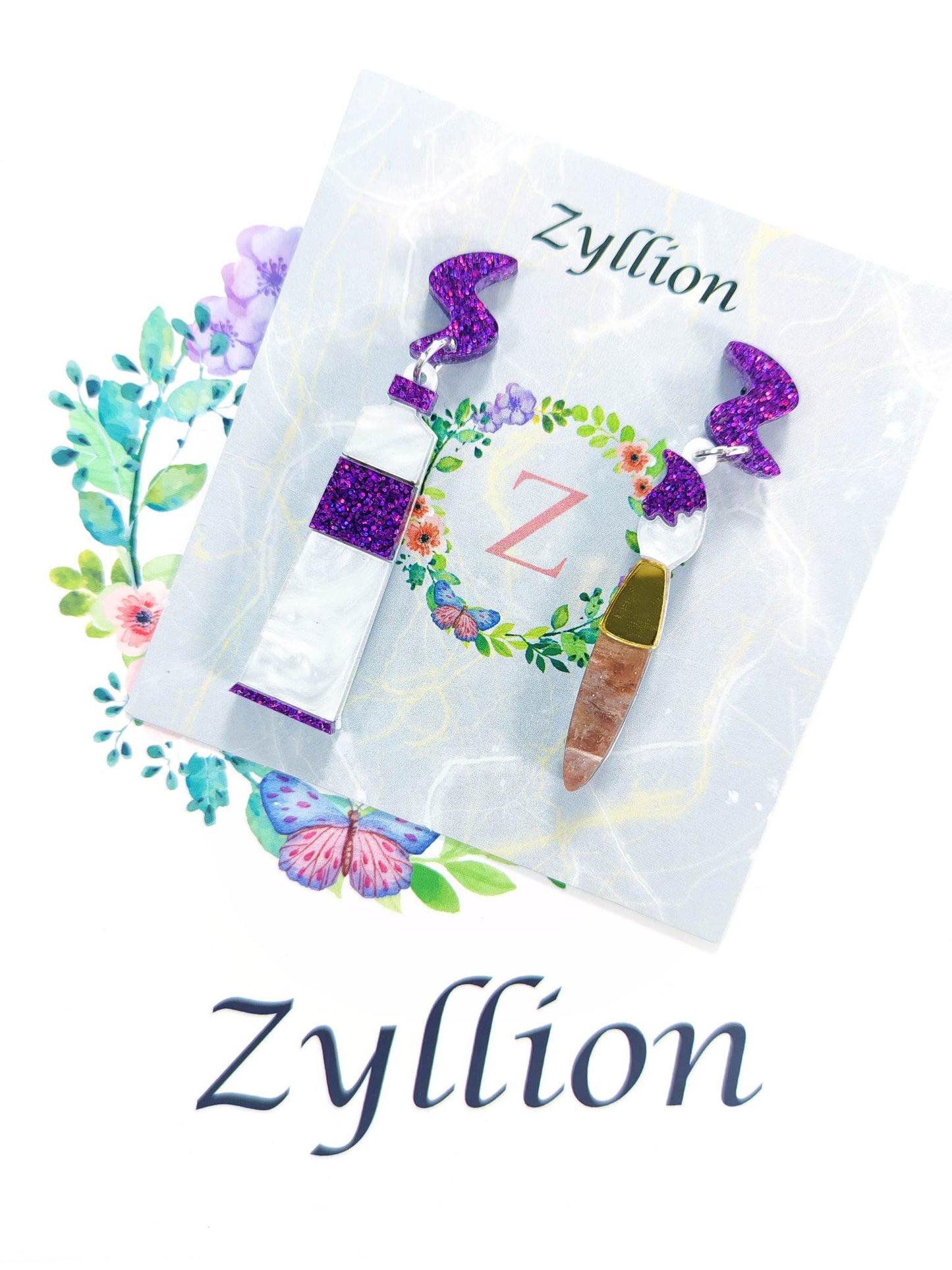 Art Paint and Brushes acrylic Dangle Sterling Silver Earrings