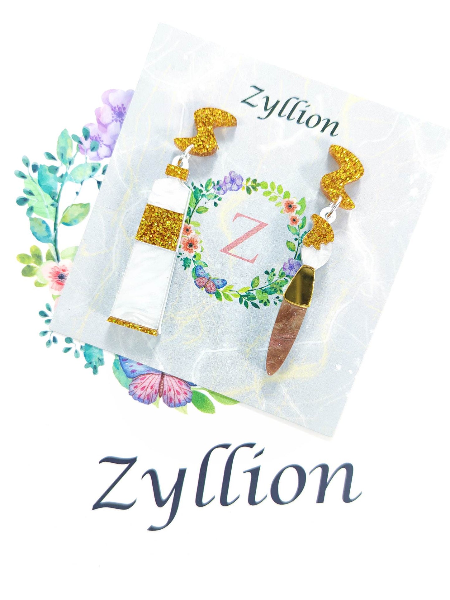 Art Paint and Brushes acrylic Dangle Sterling Silver Earrings