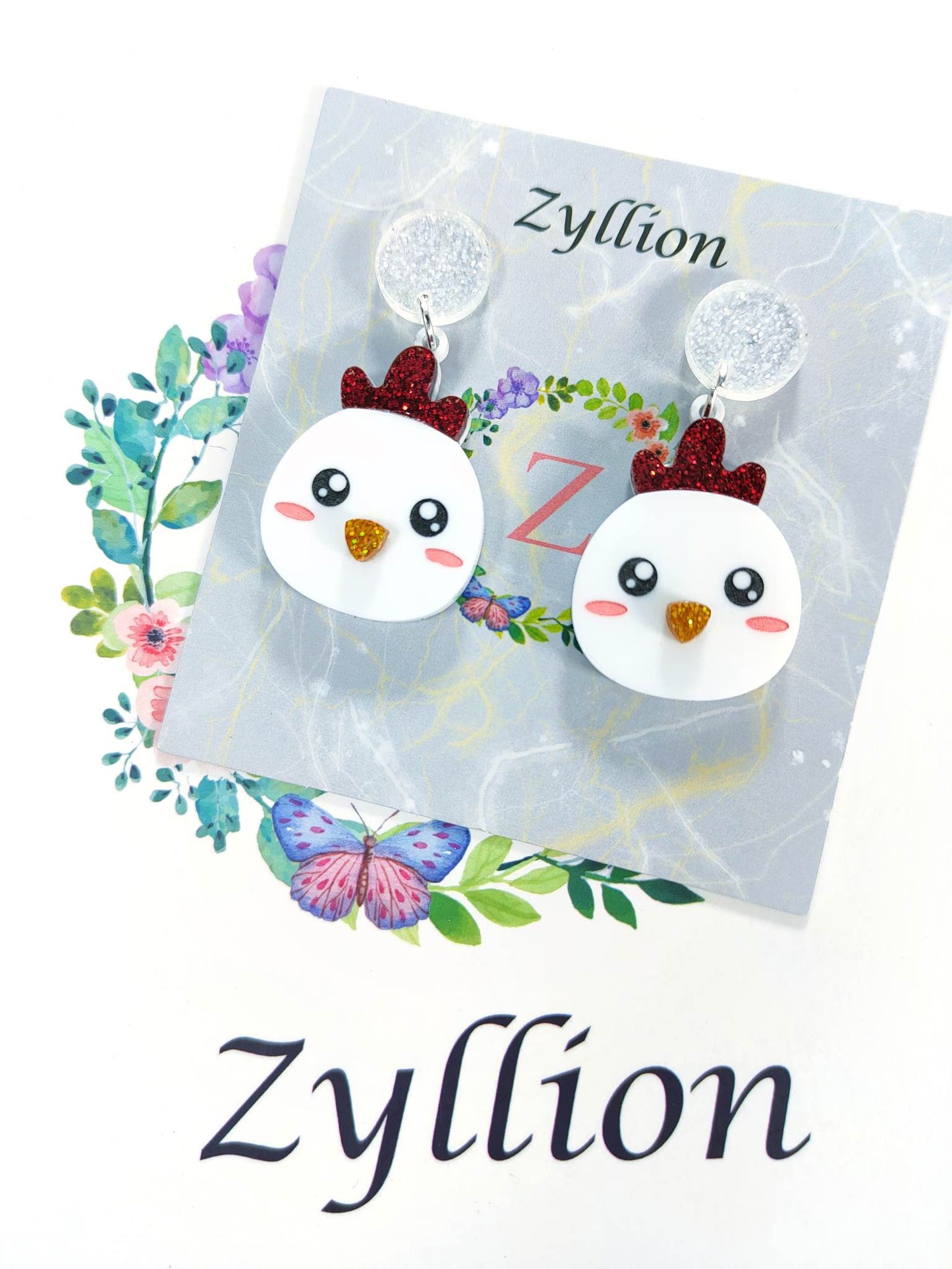 Chicken head acrylic Dangle Sterling Silver Earrings