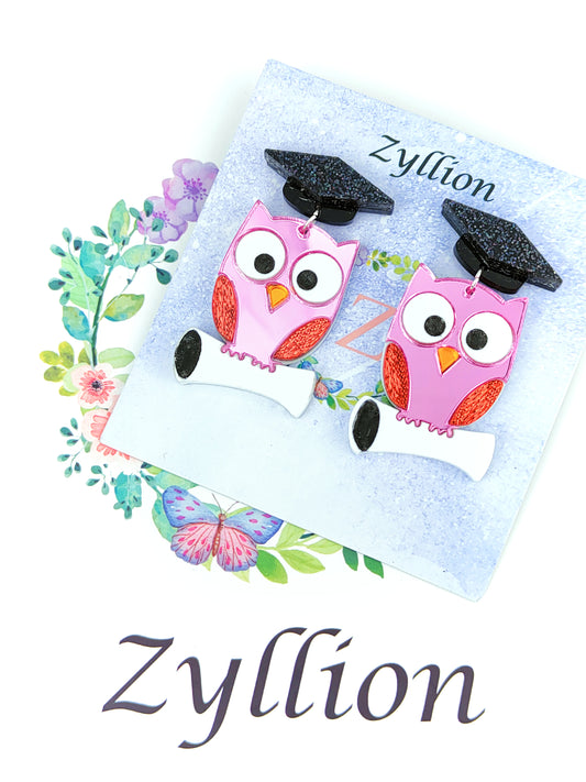 Graduation Owl 2 Dangle Sterling Silver Earrings