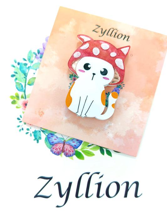 Cat with Mushroom Hat Brooch