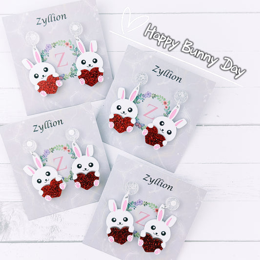 Bunny hugs heart Easter Dangle Sterling Silver Earrings
