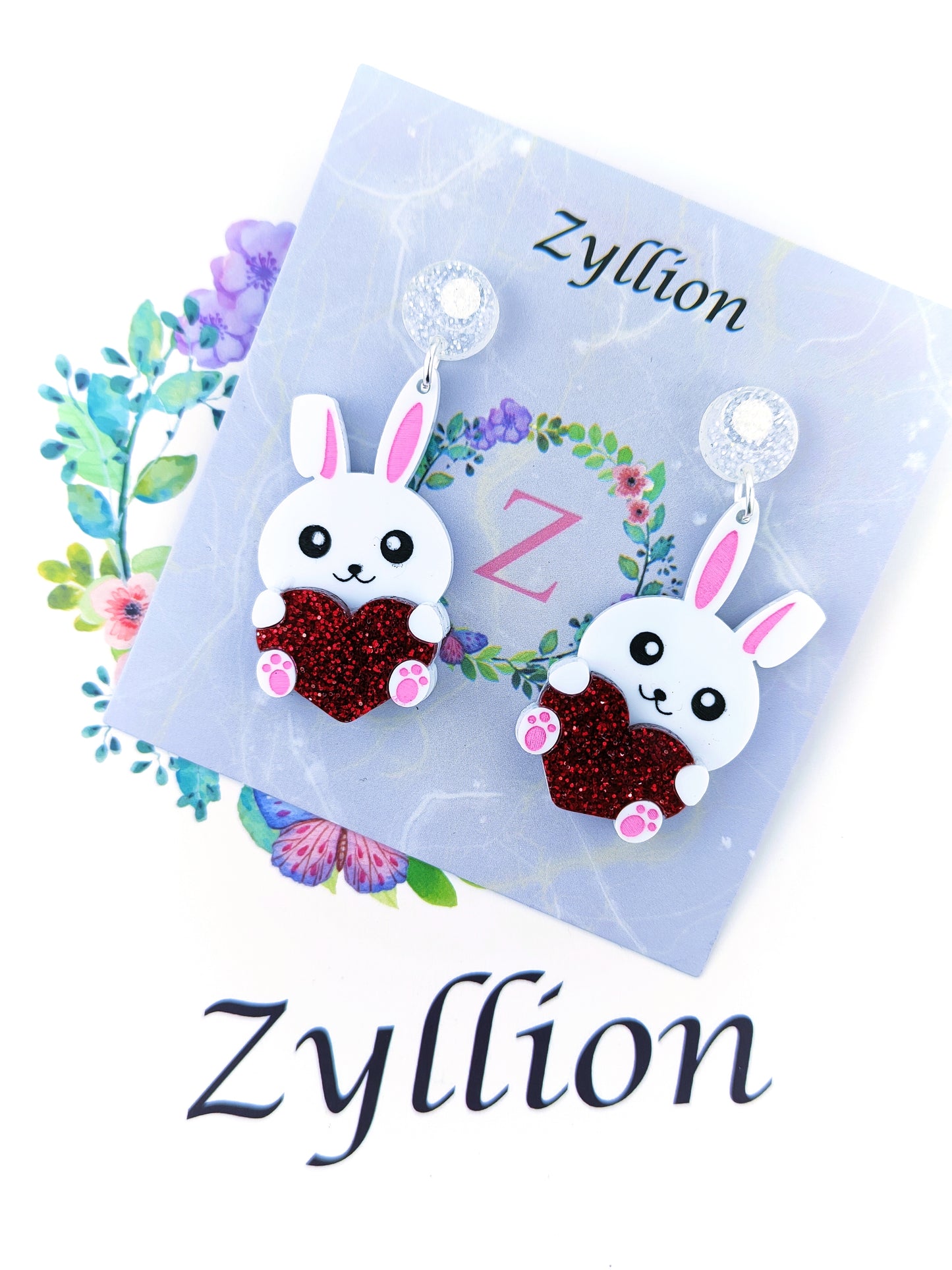 Bunny hugs heart Easter Dangle Sterling Silver Earrings