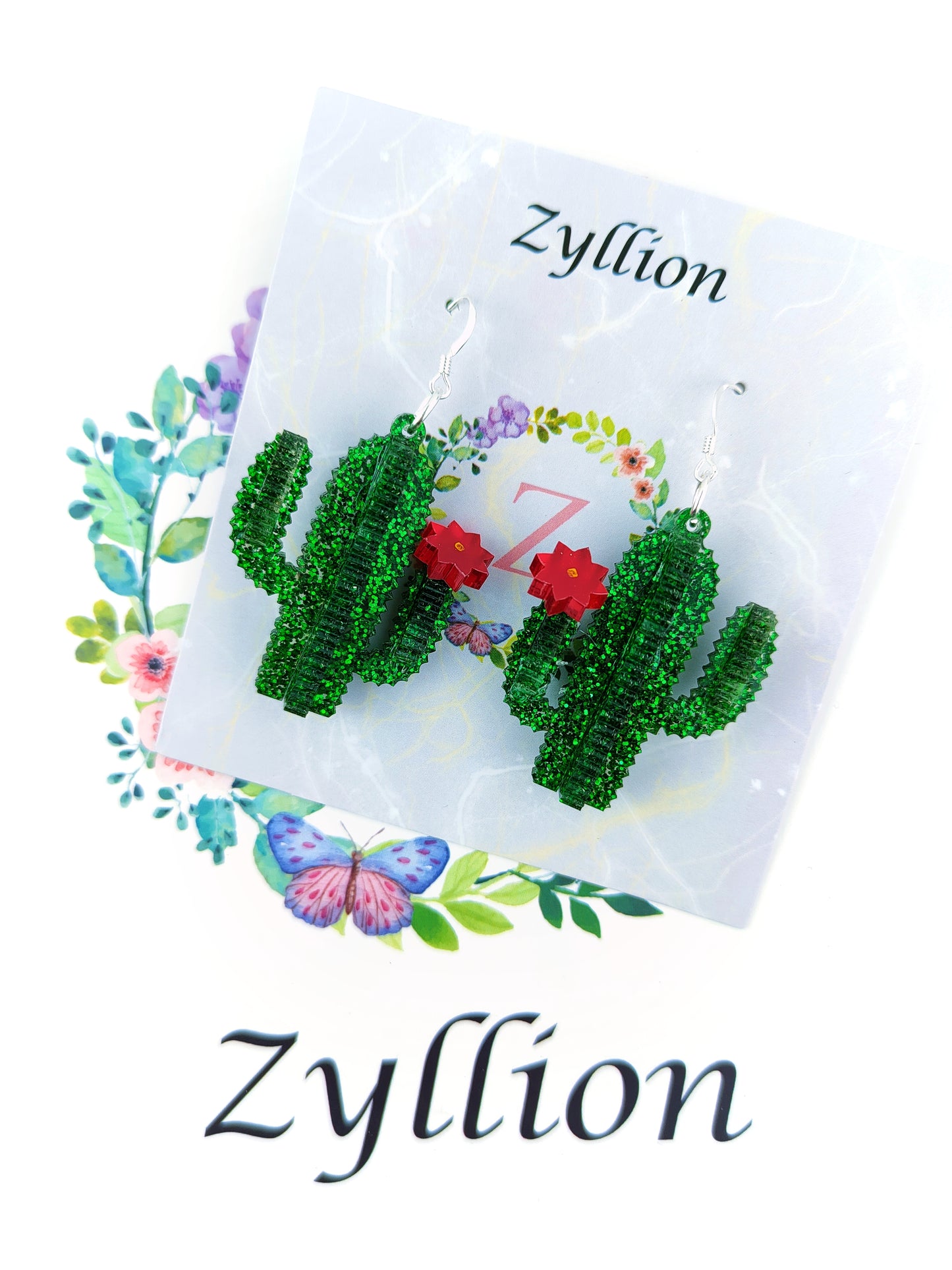 3D Cactus Acrylic Dangle Sterling Silver Earrings