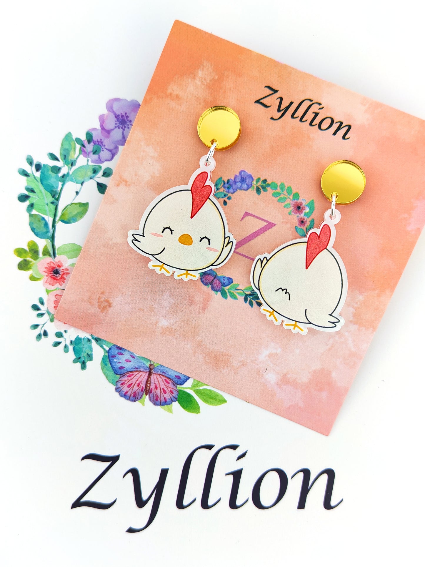 Chicken Light Weight Acrylic Dangle Sterling Silver Earrings