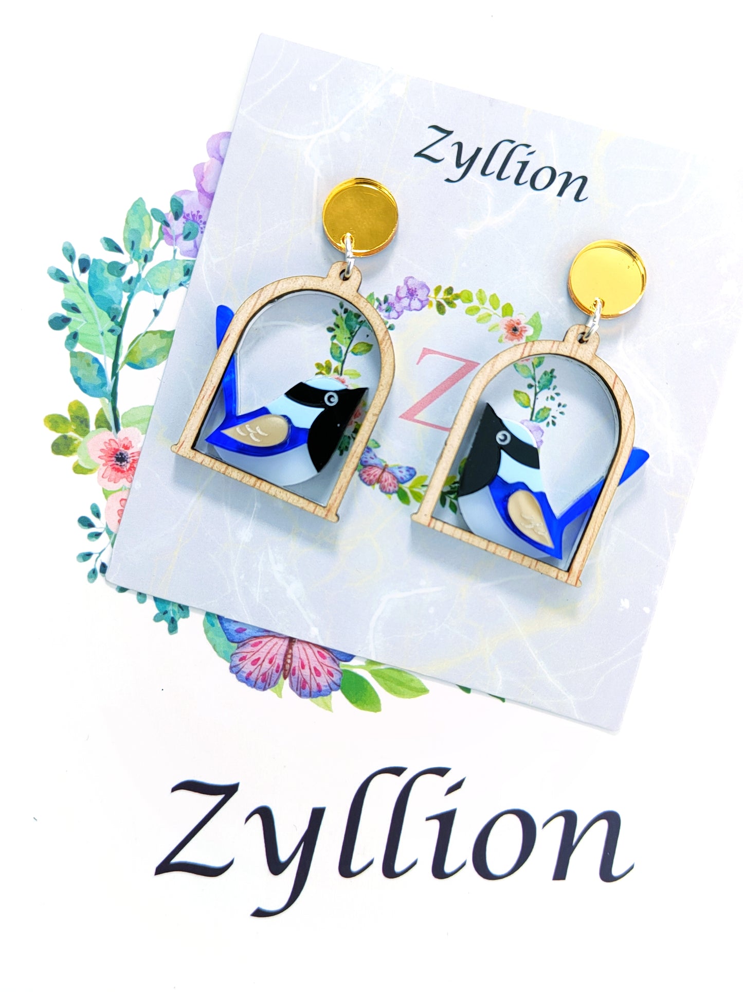 Fairy wren in frame earring