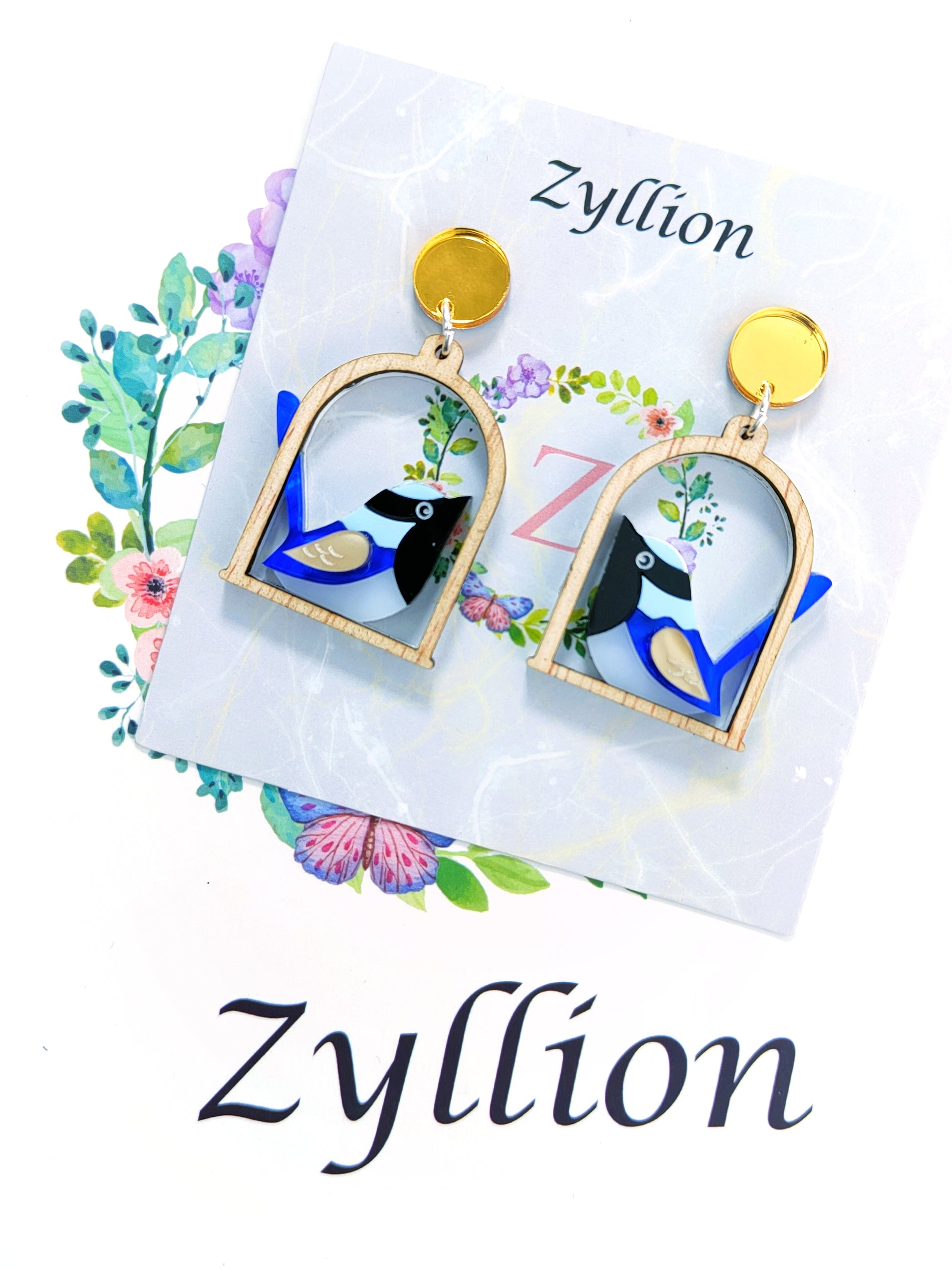 Fairy wren in frame earring