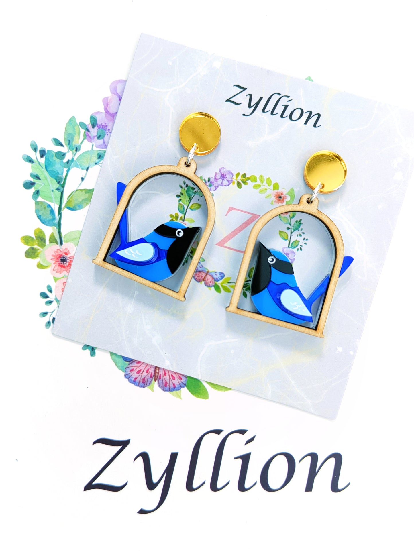 Fairy wren in frame earring