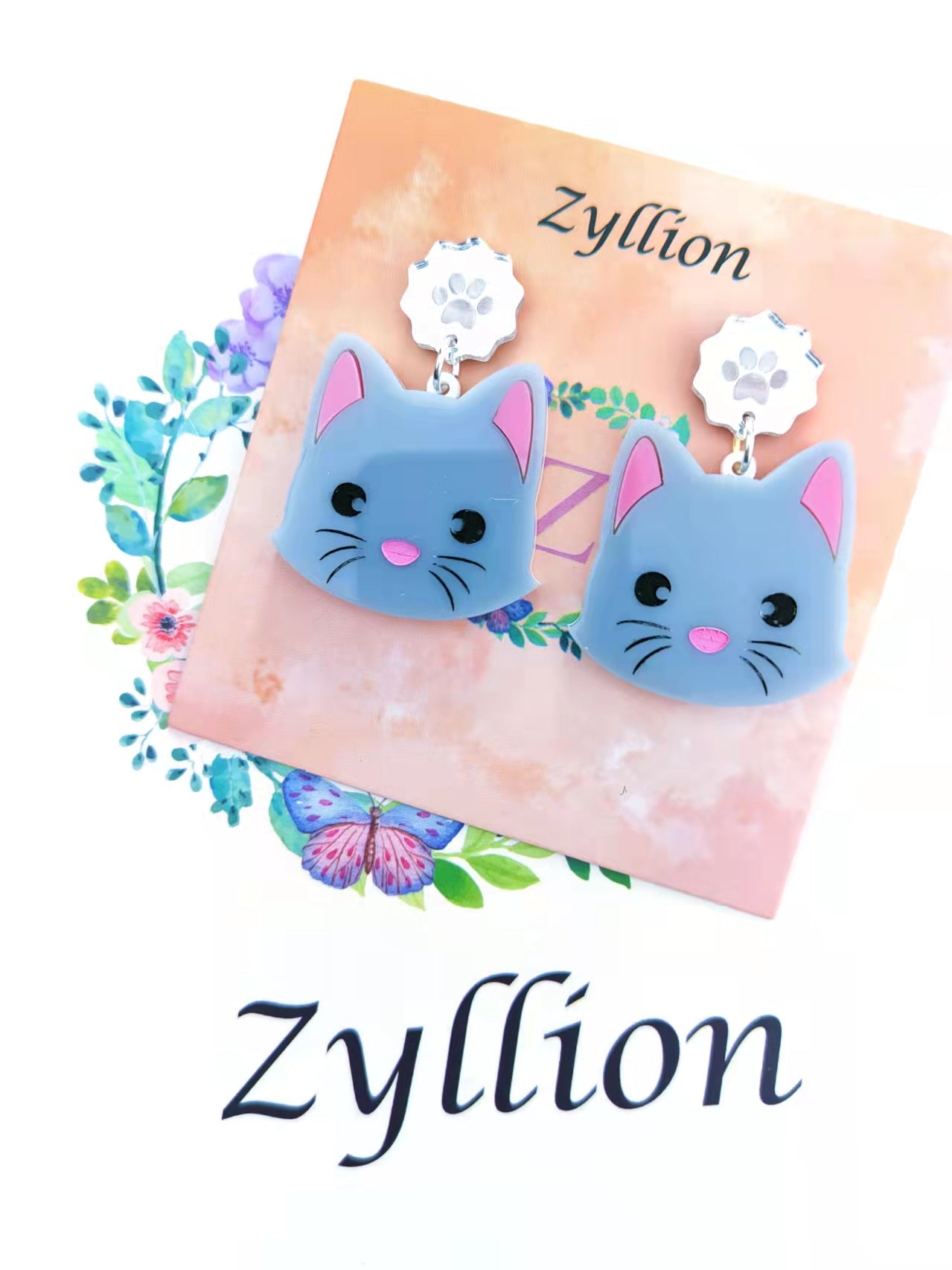 Grey Cat Dangle Sterling Silver Earrings