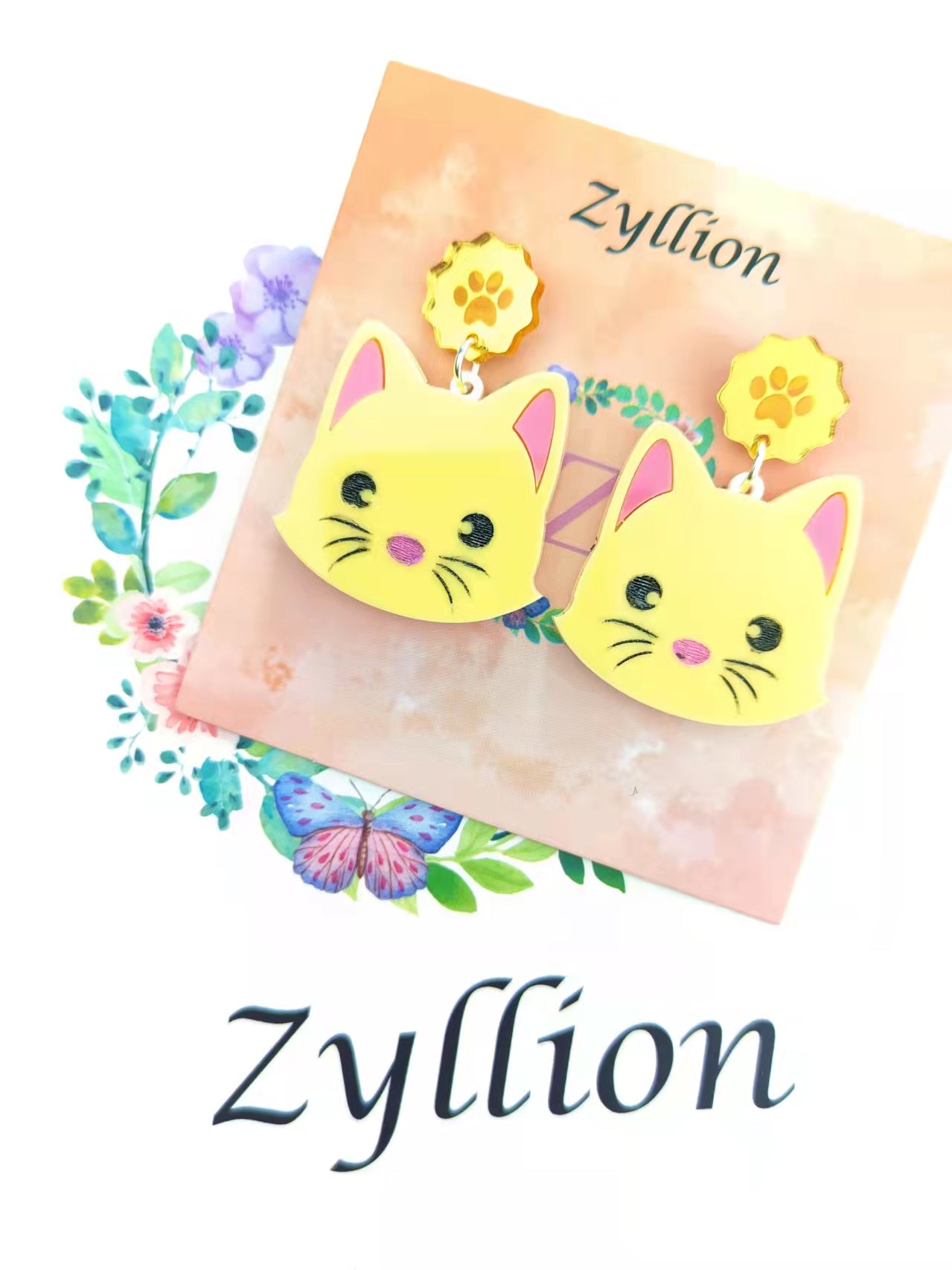 Yellow Cat Dangle Sterling Silver Earrings