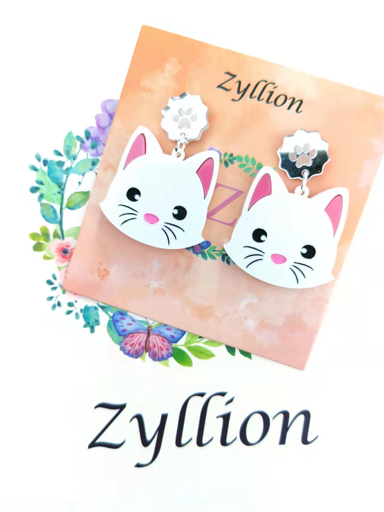 White Cat Dangle Sterling Silver Earrings