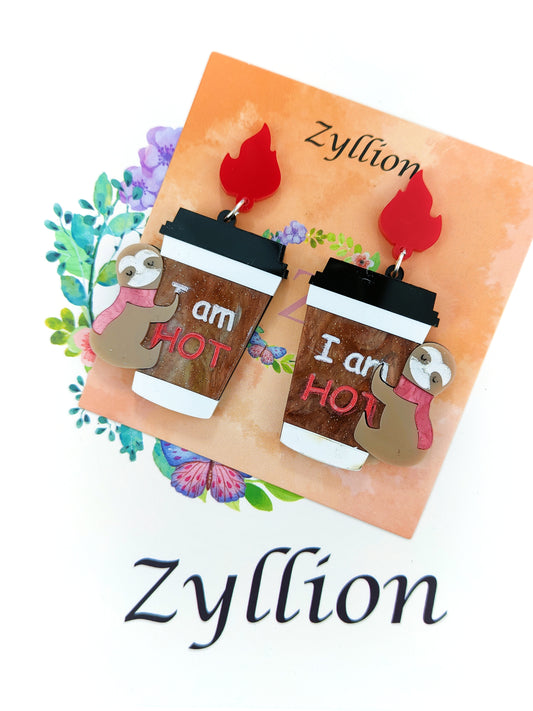 Sloth with hot coffee Dangle Sterling Silver Earrings