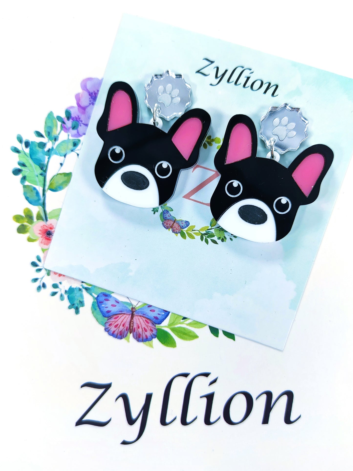 French Bull Dog Dangle Sterling Silver Earrings