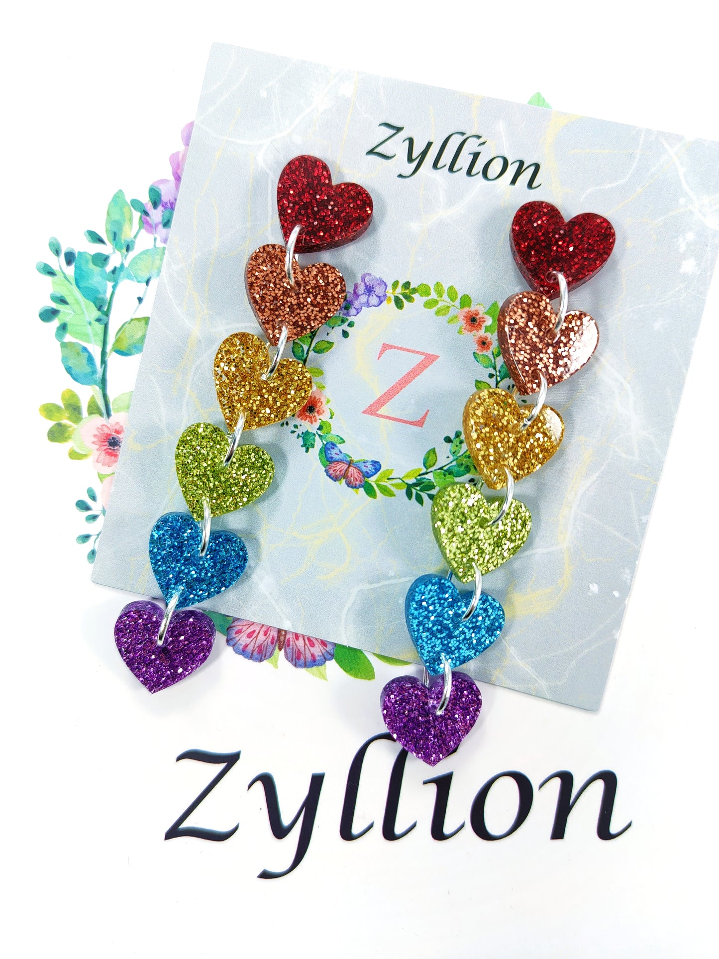 Rainbow heart chain Dangle Sterling Silver Earrings