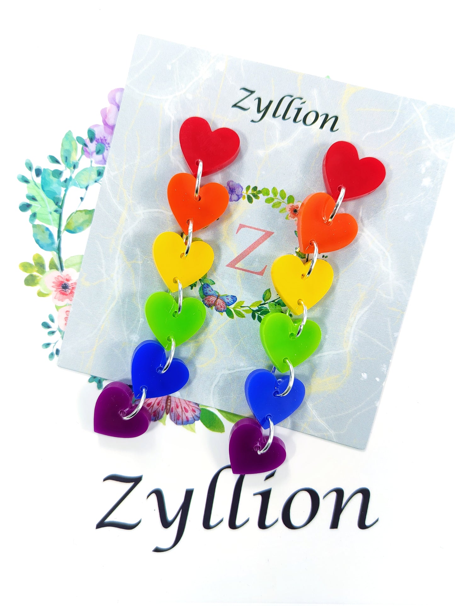 Rainbow heart chain Dangle Sterling Silver Earrings