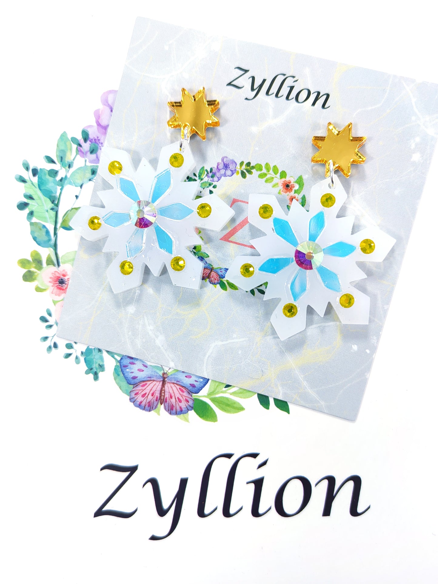 Crystal clear snowflake Dangle Sterling Silver Earrings