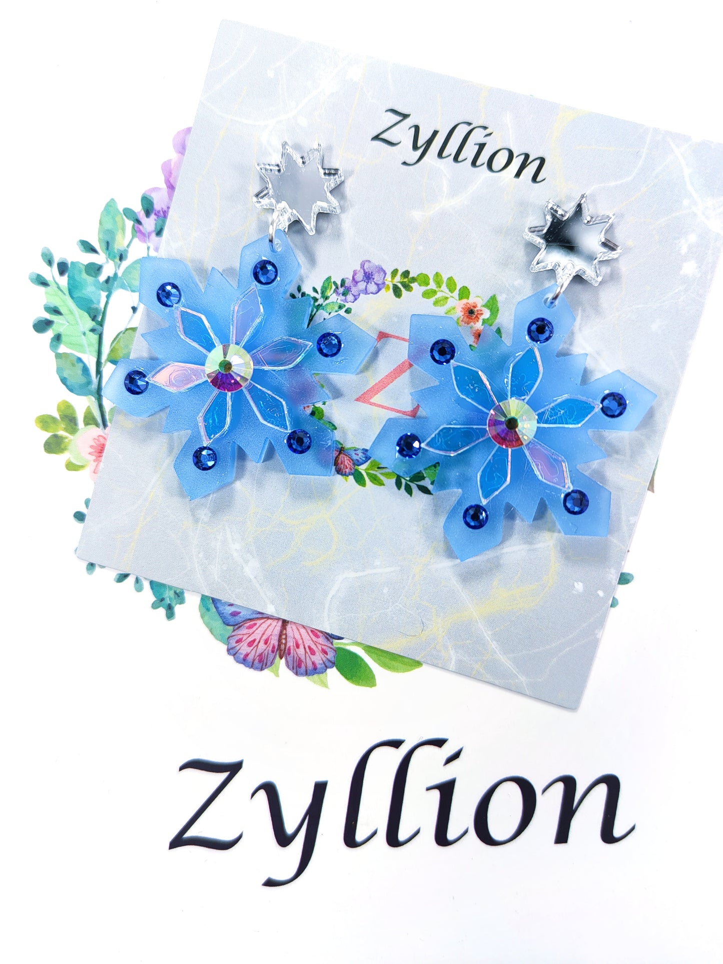 Crystal clear snowflake Dangle Sterling Silver Earrings