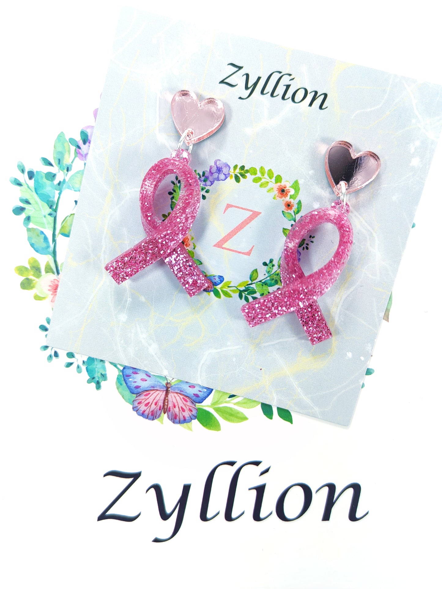 3D breast cancer ribbon Acrylic Dangle Sterling Silver Earrings